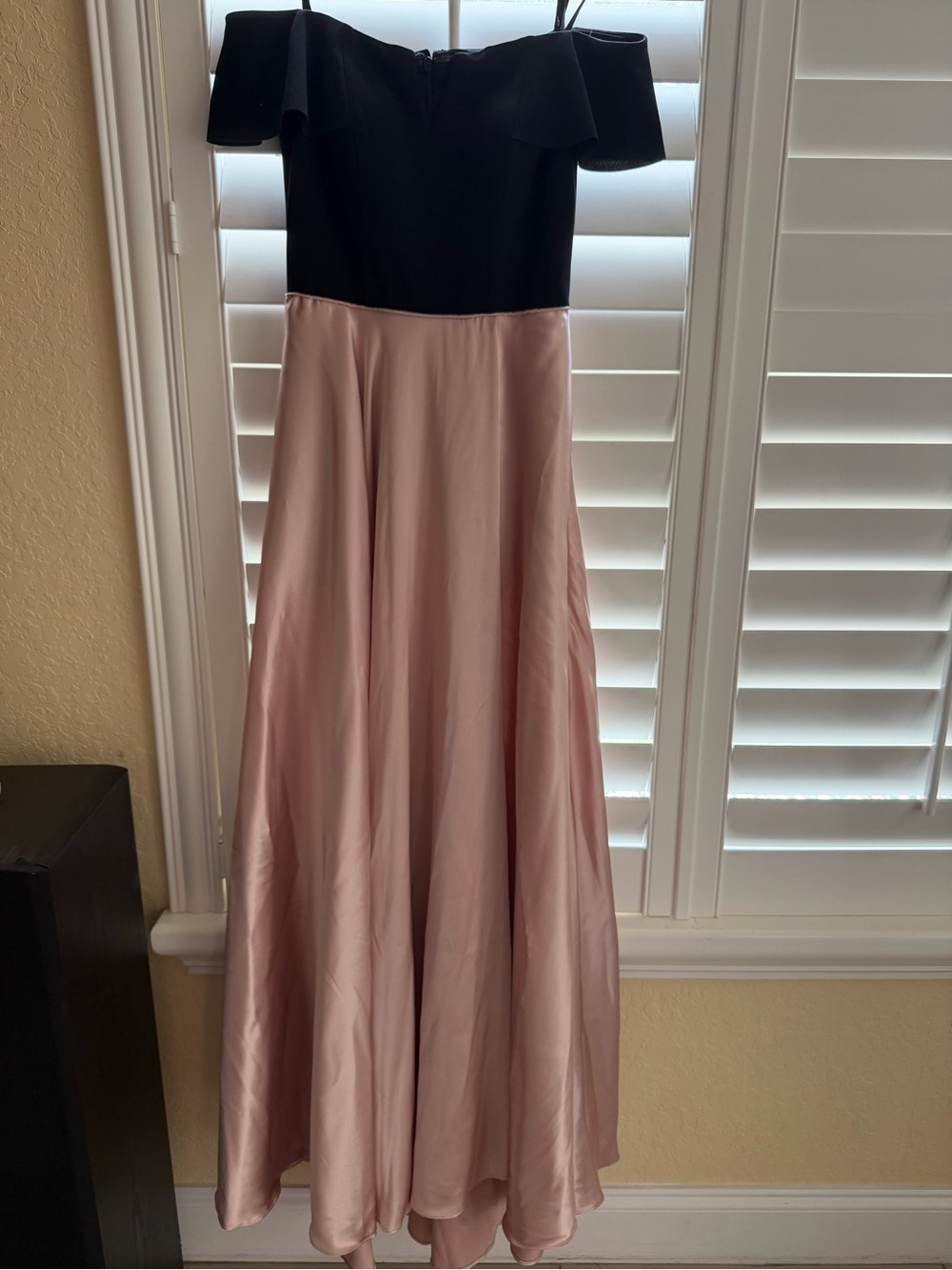 Off-Shoulder Black and Blush Satin Evening Dress